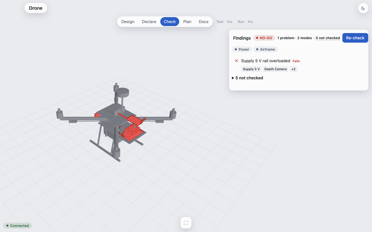 The Lockwire app showing a drone with a failed check